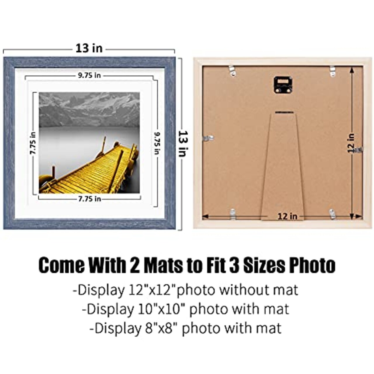 12x12 Picture Frames Wood Distressed Blue Display Pictures 10x10 or 8x8 with Mat or 12x12 without Mat - 12x12 Inch Square Photo Frames with 2 Mats for Wall or Tabletop Mount, 1 Pack